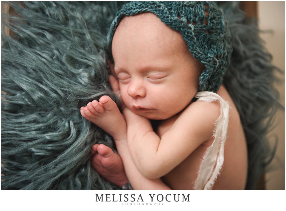 Castle Rock Newborn Photographer teal bonnet fur